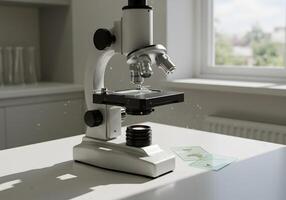 Modern microscope on a laboratory table photo