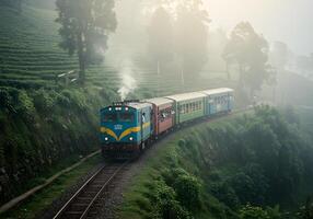 Misty mountain train journey photo