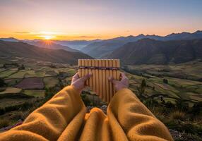 Panpipes at sunrise in mountains photo