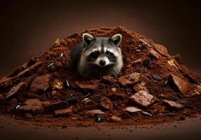 Raccoon nestled in chocolate and cookie crumbs photo