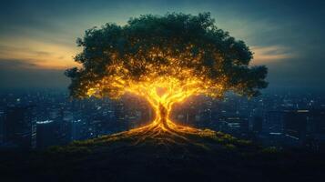 Tree with glowing light on top of a mountain photo