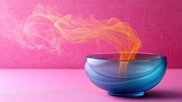 A blue bowl with smoke coming out of it photo