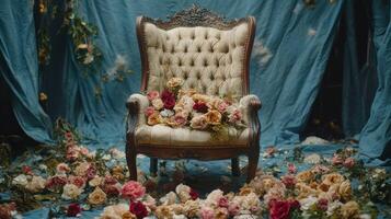 A chair surrounded by flowers in front of a blue curtain photo