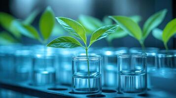 A close up of several test tubes with green plants photo