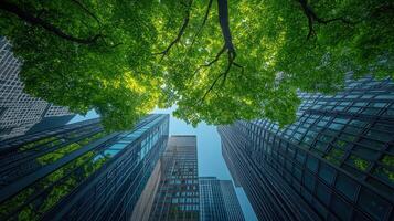 Green trees and skyscrapers in the city photo
