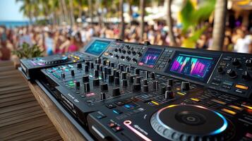 Dj equipment on a wooden table near a beach photo