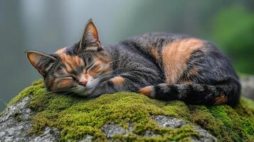 A cat sleeping on a moss covered rock photo