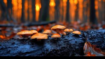 A group of mushrooms on a log in the woods photo