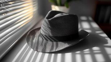 A hat sits on a window sill with blinds photo