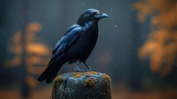 A black crow sitting on a stump in the rain photo