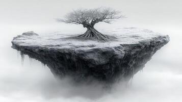 A tree is standing on top of an island in the clouds photo