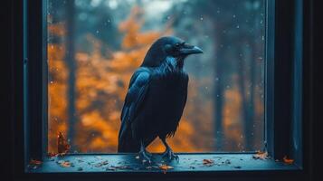 A crow sits on a window sill in front of an autumnal forest photo