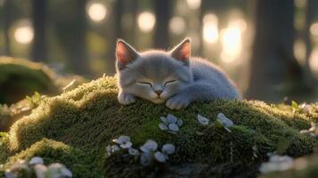 A gray kitten sleeping on top of a moss covered hill photo