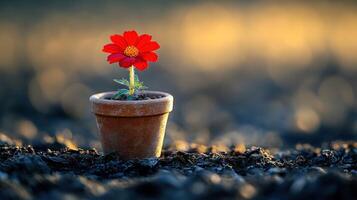 A flower pot with a red flower growing out of it photo