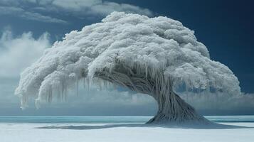 A tree covered in snow on a beach photo