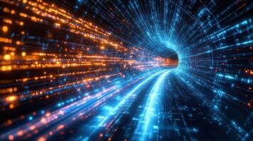A tunnel with a glowing light and data lines photo