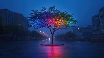 A tree with colorful lights on it in the middle of a city photo