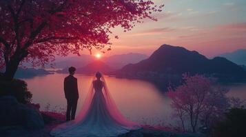 A bride and groom standing in front of a lake at sunset photo