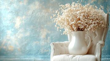 A white vase with flowers sitting on a chair photo
