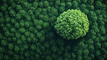 An aerial view of a green tree in the middle of a forest photo