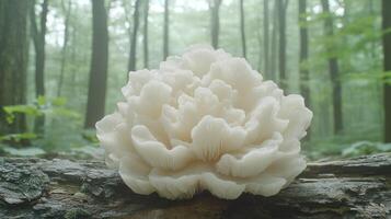A mushroom is growing on a log in the woods photo