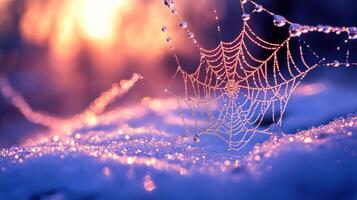 Spider web with dew drops on it at sunset photo