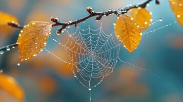A spider web with dew drops on it photo