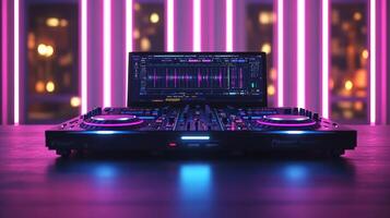 A dj mixer with purple lights on it photo