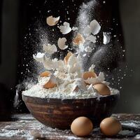 A bowl of flour with eggs and flour photo