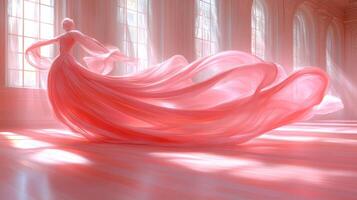 A woman in a pink dress is dancing in front of a large window photo
