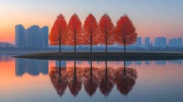 Four trees are reflected in the water at sunset photo