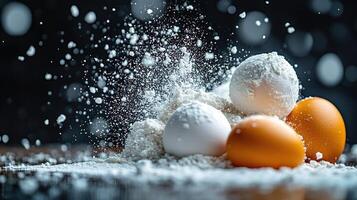 Eggs and flour on a table with powder photo