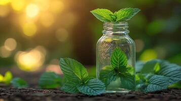 A bottle of essential oil with mint leaves on the ground photo