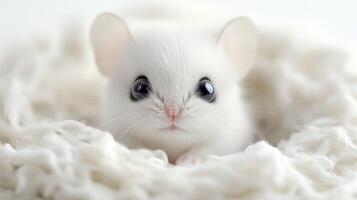 A white mouse is sitting in a pile of white wool photo
