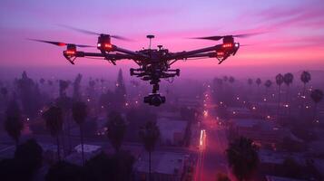 A drone flying over a city at dusk photo