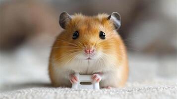 A hamster is sitting on a white blanket photo