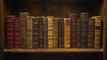Old books on a shelf in a wooden bookcase photo