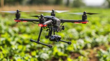 A small drone flying over a field of crops photo