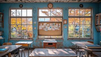 An abandoned classroom with desks and windows photo