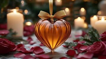 A glass heart ornament with candles and roses photo