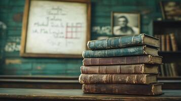Old books on a wooden table in a classroom photo