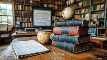 Old books on a table in a library photo