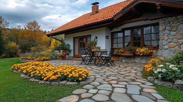 A house with a patio and a table outside photo