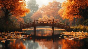 A bridge over a pond surrounded by trees in the fall photo