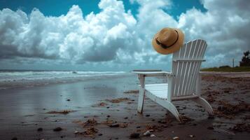 A chair and hat on the beach with clouds in the background photo