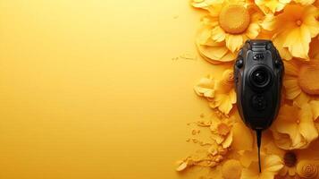 A black remote control is surrounded by yellow flowers photo