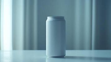 A white can sitting on a table in front of a window photo