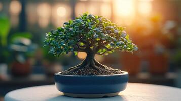 Bonsai tree in a blue pot on a table photo