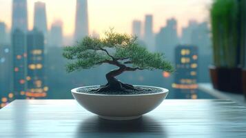 Bonsai tree in a bowl on a table in front of a cityscape photo