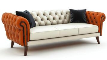 An orange and white chesterfield sofa with black pillows photo